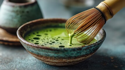 A vibrant, close-up view of a traditional matcha bowl with a bamboo whisk, showcasing frothy green matcha tea.