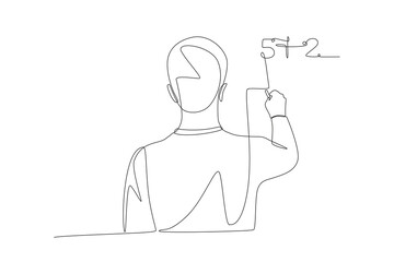 Male students answer math questions in front of the class. Student doing math concept one-line drawing