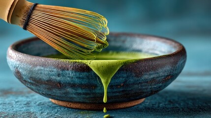 A vibrant green liquid drips from a whisk into a textured bowl, highlighting culinary artistry and the preparation of a delicious dish.
