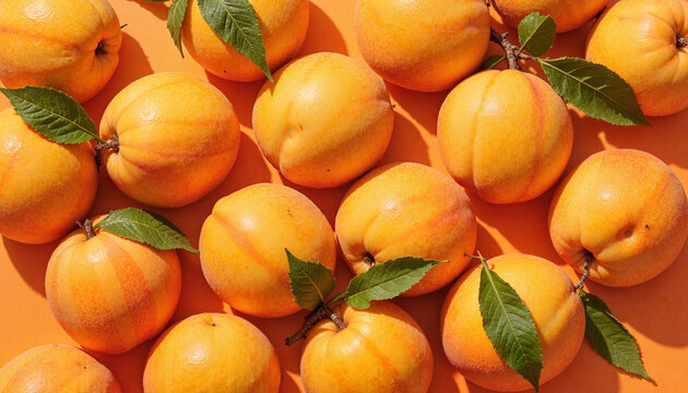 Vibrant overhead view of fresh apricots with leaves on a colorful surface, suitable for fruit market advertisements, summer recipe blogs, and nutritional content. - Powered by Adobe