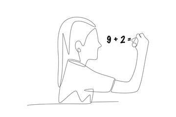 Female students answer math questions in front of the class. Student doing math concept one-line drawing