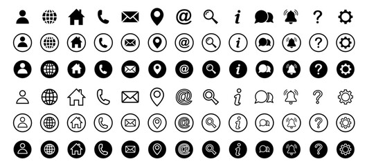 Web icon set. Home, location, call, at, email, address, globe, chat, message, mail, telephone, information, support, search, website, icon. Contact and web icons set. Website set icon vector.