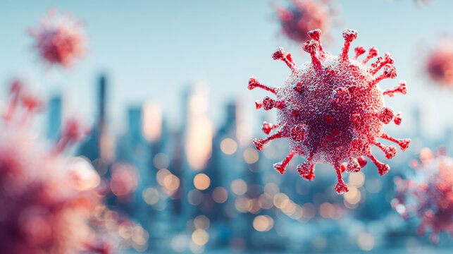 Artistic depiction of a virus particle with a city skyline background