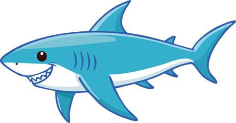 Cartoon illustration of a friendly-looking great white shark swimming.