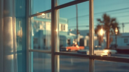 A serene view through a window, showcasing a vibrant street scene with retro cars and palm trees under soft sunlight.