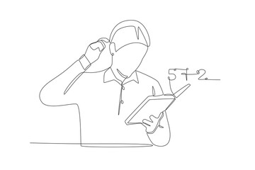 Male students are confused when working on math problems. Student doing math concept one-line drawing