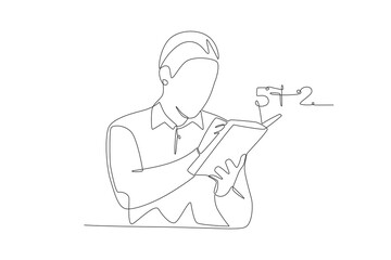 Male students working on math problems. Student doing math concept one-line drawing