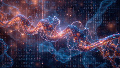 DNA strands entwined with binary code in a digital matrix