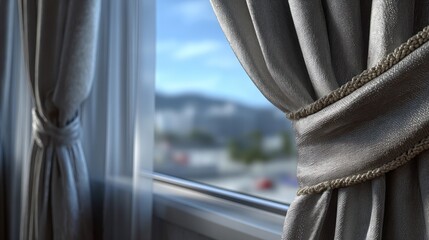 A close-up view of elegantly draped curtains framing a window, with a blurred background of the outdoors, creating a cozy and inviting atmosphere.