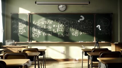 Classroom interior with a chalkboard covered in complex equations and question marks - Powered by Adobe