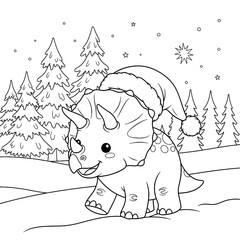 Coloring Pages of Triceratops with Santa Hat