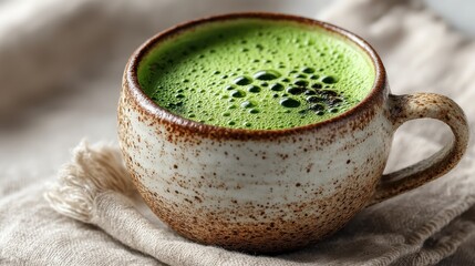 A beautifully crafted cup of matcha tea sits on a textured cloth, showcasing its vibrant green color and creamy froth.