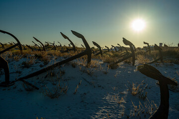 exhibition of anchors in the dune at the access to Barril beach, belonging to the Pedras del Rei...