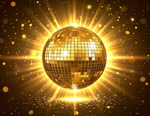 Golden disco ball radiating light against a dark background with sparkles