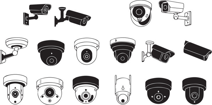 Assortment of black and white silhouette icons of various security and surveillance cameras security camera