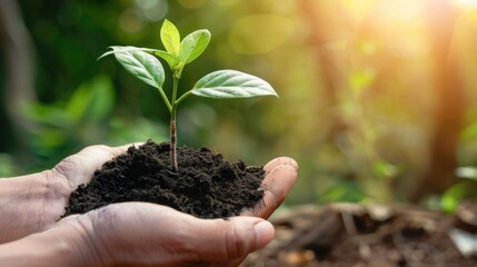 A hand holding a small green plant with a blurred background of greenery and sunlight.