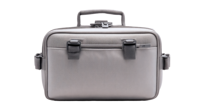 Light taupe-colored, rectangular, compact travel bag with multiple straps and buckles