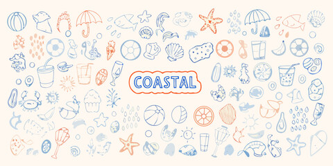 Whimsical coastal doodles featuring beach and ocean elements