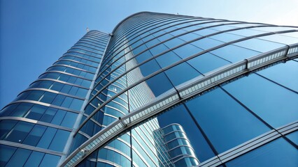 Modern skyscraper with glass facade reflecting the blue sky and clouds