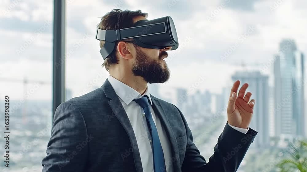 Aufkleber man wearing virtual reality headset in modern office with cityscape view exploring digital world usi
