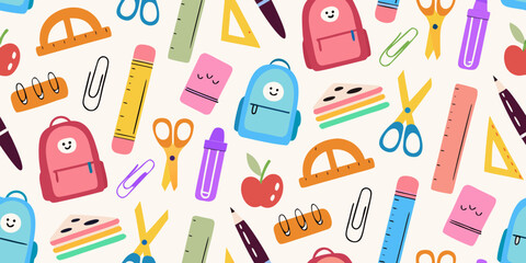 Cute kawaii school supplies pattern with backpacks and stationery
