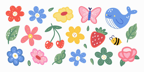 Whimsical collection of flowers fruits and animals