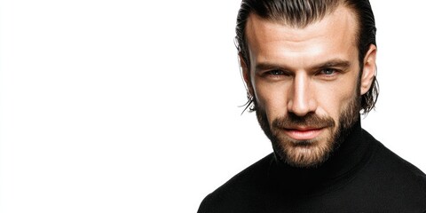 Obraz premium A young Caucasian man with long dark hair and a beard poses confidently in a black turtleneck. He has a serious expression and is set against a plain white background.