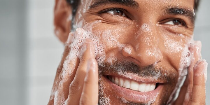 Smiling young Hispanic man washing his face with foam in a bathroom. Clean and fresh appearance, enjoying personal care routine.