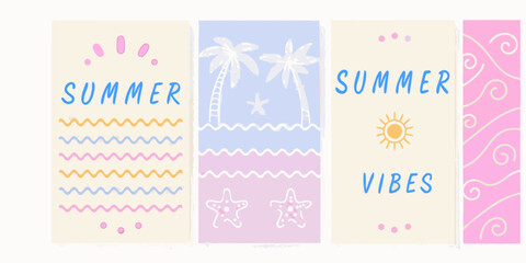 Cute hand drawn summer vibes beach themed illustrations