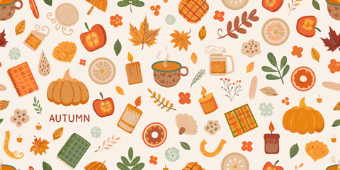 Cozy autumn elements pattern with pumpkins and warm drinks