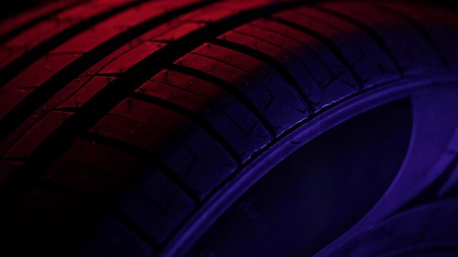 New detailed car road summer radial tyre, tread pattern profile close-up shot in dark studio. Passenger vehicle spare part. Black rubber surface. Depth of field. Lighting shimmers and changes to diffe