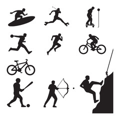 A black and white illustration depicting thirteen sports silhouettes arranged meticulously across a white background.