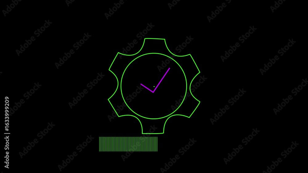 Poster three gears stacked on top of a horizontal bar. neon three gear interface. animated a checkmark symb