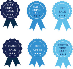Set of blue vector sale badges with ribbon designs, featuring  decorative shapes, ideal for online stores, retail marketing materials, seasonal offers, clearance events, and advertising graphics