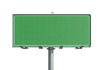 Empty green road sign mounted on a metal pole