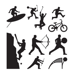 Obraz premium A black and white illustration depicting thirteen sports silhouettes arranged meticulously across a white background.