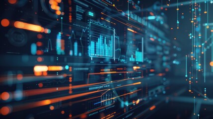 A futuristic, digital interface with various charts, graphs, and data visualizations in a dark, blue and orange color scheme.