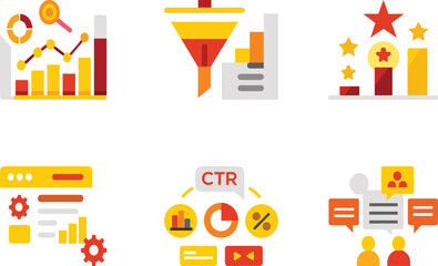 Naklejka premium Vector art of collection of flat vector icons representing data analysis, marketing strategy, and business performance for successful optimization and growth
