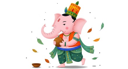 Illustration of a pink ganesha character with a crown holding a coconut and wearing green clothes