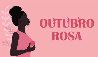 Outubro Rosa banner with woman holding heart. Translation Pink October in Brazilian language.  Breast Cancer Awareness campaign vector illustration
