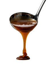 Dynamic frozen stream of luscious rich brown gravy pouring from a polished metallic silver ladle, captured close-up against a transparent background with precise studio lighting. Culinary anticipation