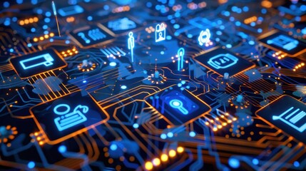 A futuristic circuit board with glowing icons representing various technological and digital concepts.