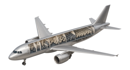 Cross-section diagram of a commercial airplane showing the interior layout, including seating, cockpit, and cabin sections on transparent background.