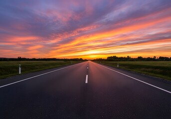 Fototapeta premium Dramatic Sunset Over Road, Asphalt Highway with Field and Horizon, Colorful Sky Scenery Landscape