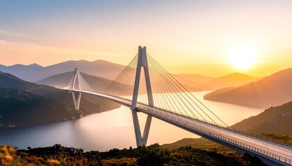 Obraz premium Bridge Over Water at Sunset with Mountain Views