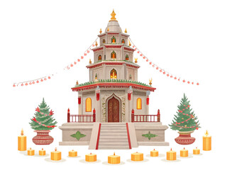 Illuminated Pagoda Festive Decoration: Winter Holiday Scene