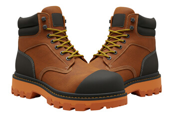 Isolated Brown Leather Work Boots with Orange Soles