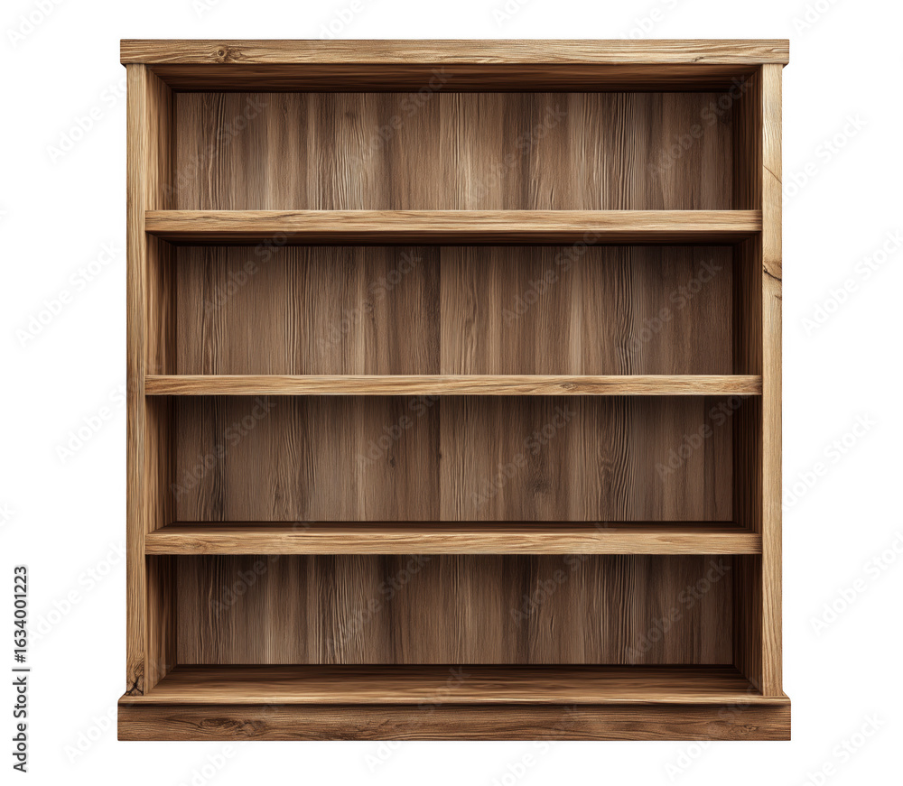Poster detailed empty wooden bookshelf with empty shelves against a transparent background