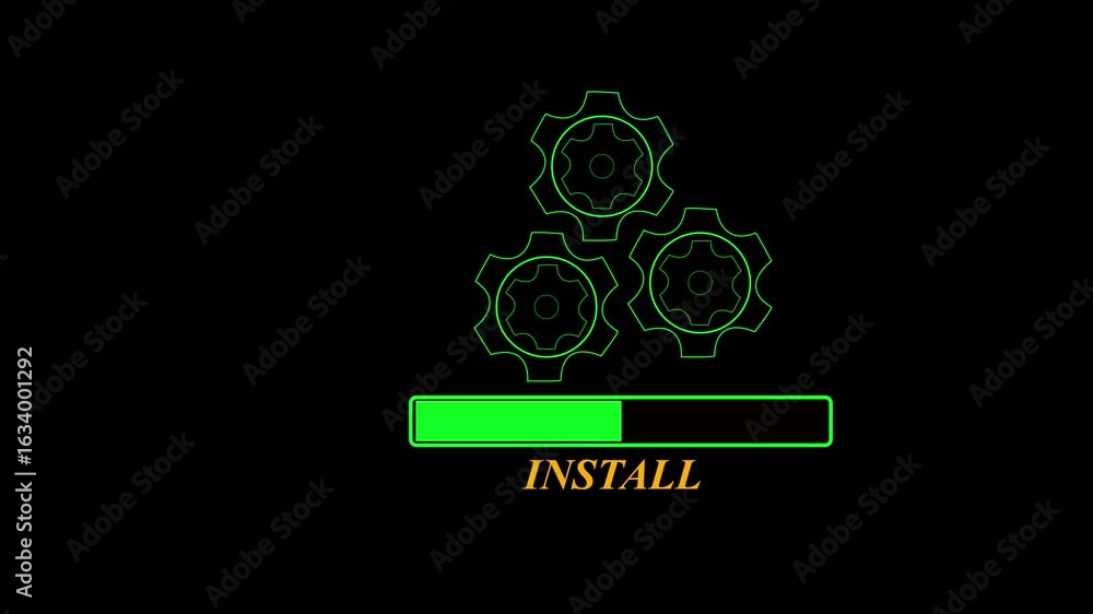 Poster three gears stacked on top of a horizontal bar. neon three gear interface. animated a checkmark symb