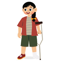 cute girl with broken leg in flat design on white background. Injured child with broken leg. cast on his leg due to an accident